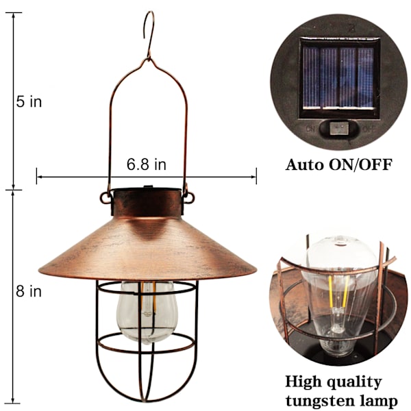 Solcelledrevet LED-lampe i wolfram med smedejernslanterne, skiveformet hængelampe til have, terrassedekoration, dekorativ retro