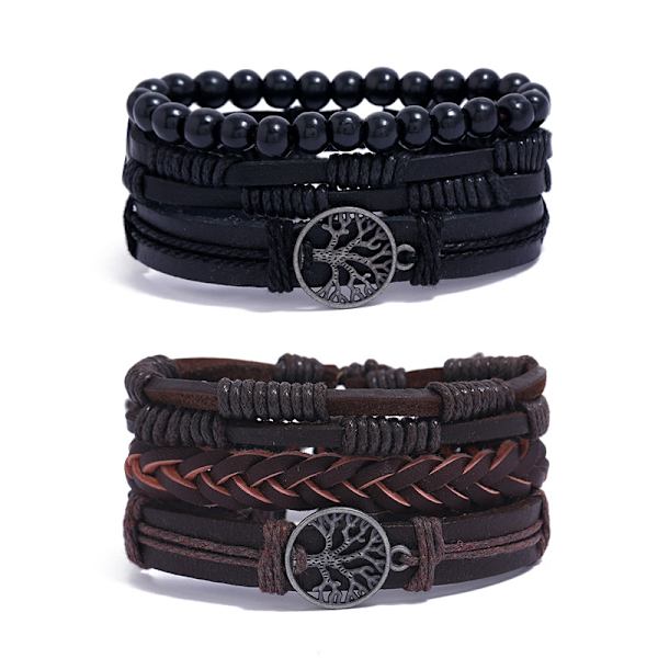 6-delt sæt af læderarmbånd til mænd (sort og brun) med krøllede kanter, kvast træperler, etnisk og tribal religiøs charme