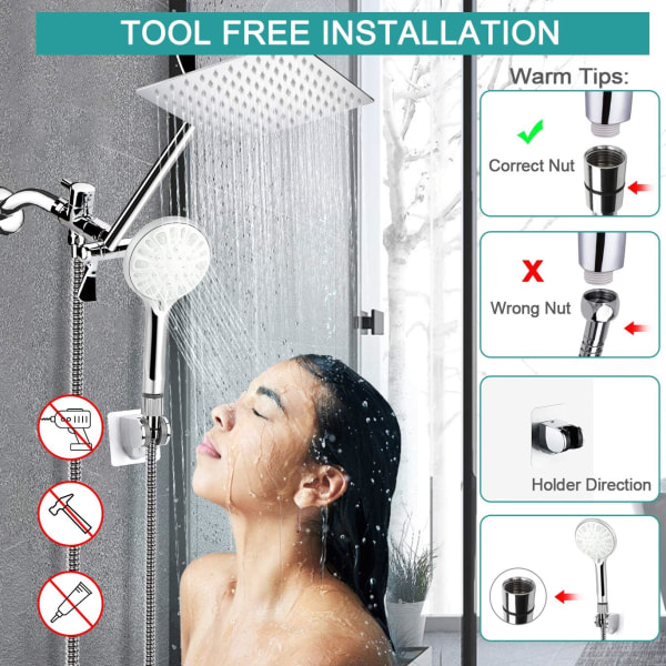 Shower Head, 8" High Pressure Rain Shower Head/Hand Shower Combination, Height/Angle Adjustable