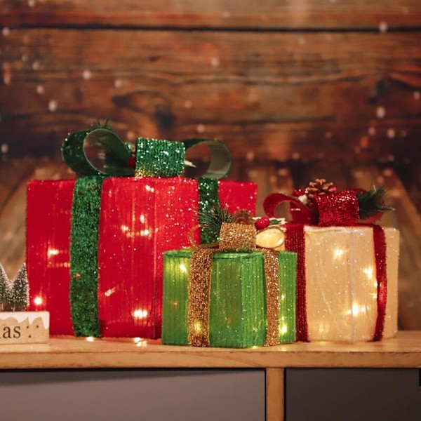 Julelyskæde med gaveæsker, 60 LED-lys, tre lysende gaveæsker i forskellige størrelser, udendørs havepynt til julefest