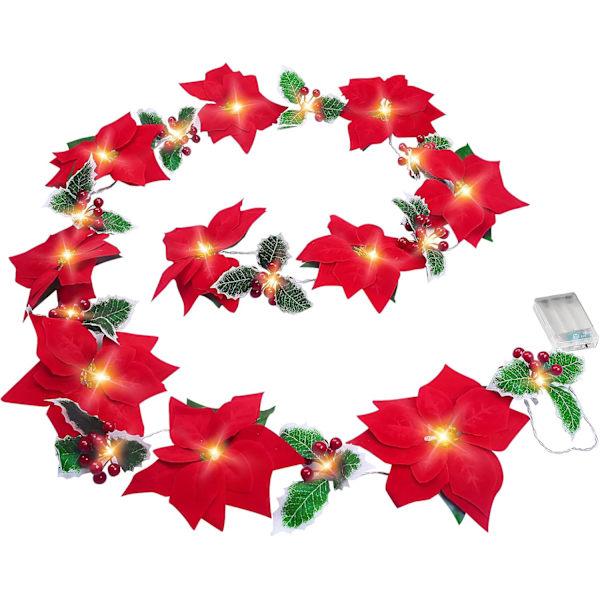 Jouluinen Poinsettia-valoköynnös punaisilla marjoilla ja lehdillä, valmiiksi valaistu samettipäinen keinotekoinen Poinsettia-köynnös joulukoristeluun, sisä- / ulkokäyttöön