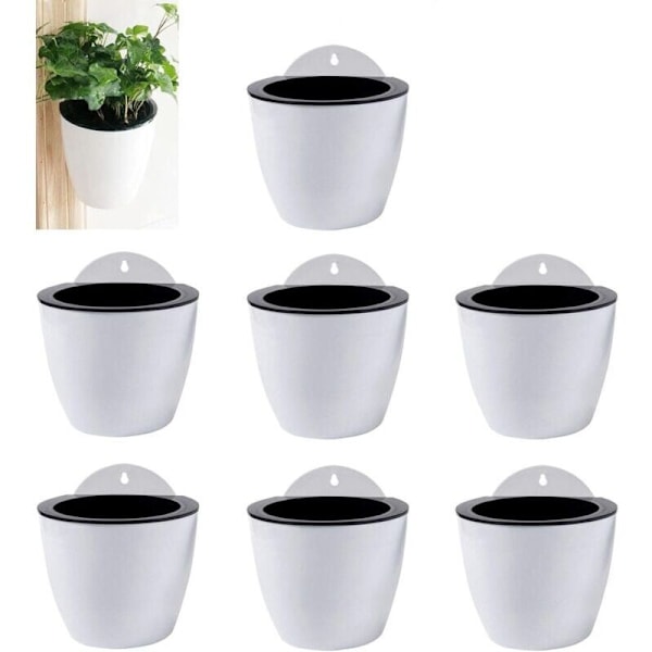 7-pack Vita Hängande Plastblomkrukor Självbevattning Dubbla Lager Design Inomhus Utomhus Krukor Fönster Väggdekor 13cm