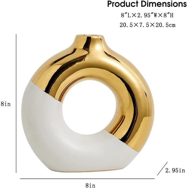 Keramisk Donut Vas 8 L x 8\" H, Vit och Guld Rund Vas för Pampasgräs, Nordisk Modern Vas för Dekor, Keramisk Vas Centerpieces för Bröllop, Bedr