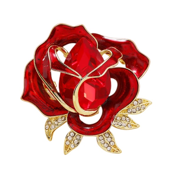 Rhinestone Red Flower Broche Pin for Women Gold