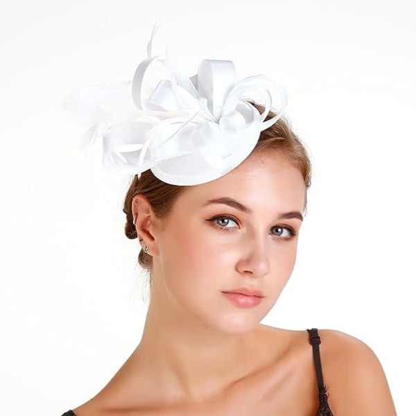 Valkoinen - Tiara Hat Ribbon Feather Clip Tiara Cocktail Tea Party Hats for Girls and Women