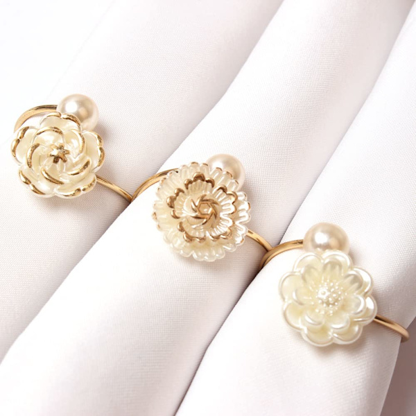 Servettringar Set om 6, Vita Pärlblomma Servettringar Blommiga Servetthållare Matlagning Köksdekor-silverkant ros
