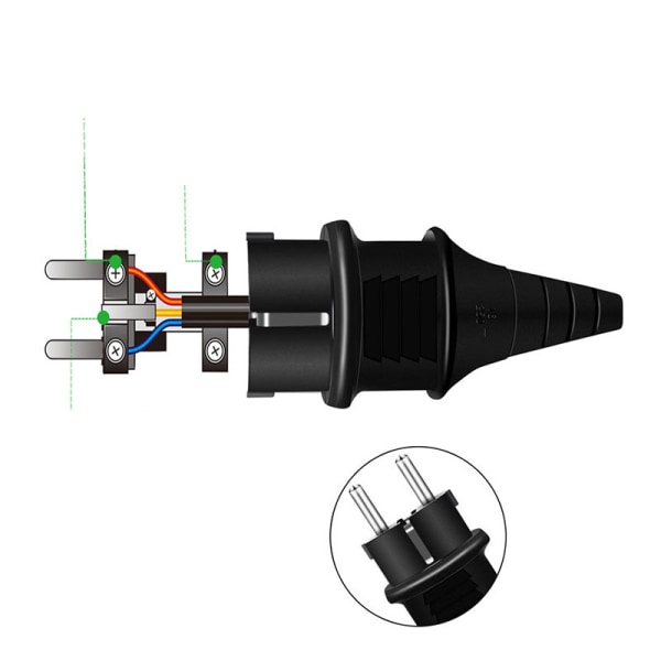 Europeisk standard plugg for montering av ledninger, 16A to rundstiftskontakt, europeisk standard rundhull, 2 ledninger