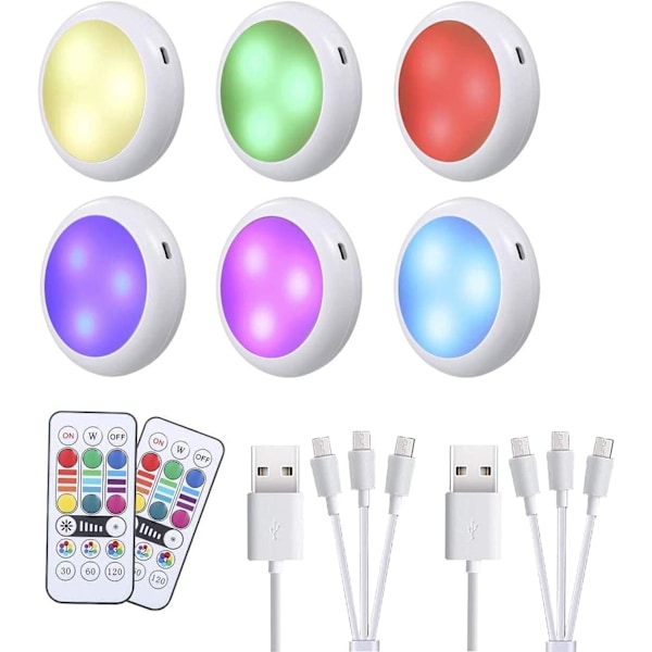 Trådløse LED-lys under skap, USB-oppladbare, RGB-fjernkontroll, justerbar lysstyrke, for kjøkken, bokhylle, utstillingsvindu, pantry. (6 stk)（6,5
