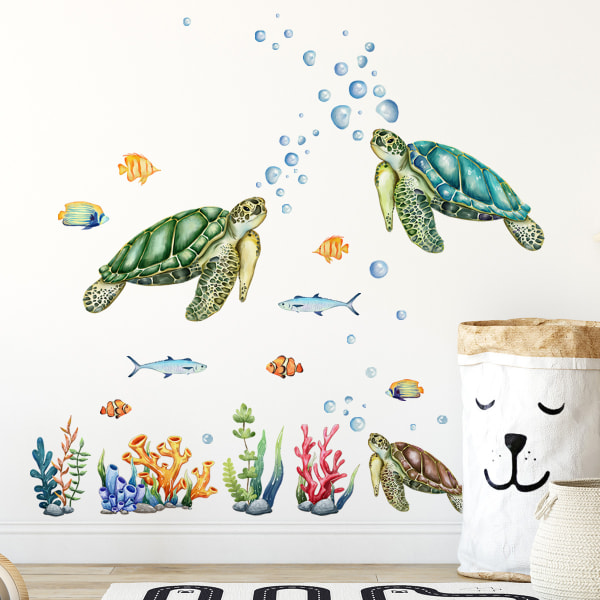 Havskildpadde, vandplanter, bobler og fisk, soveværelse baggrund vægklistermærker (30*60cm, 2 stk.)
