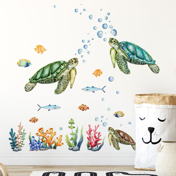 Havskildpadde, vandplanter, bobler og fisk, soveværelsesbaggrund