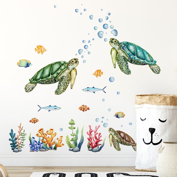 Havskilpadde, vannplanter, bobler og fisk, soveromsvegg klistremerker (30*60cm, 2 stk)