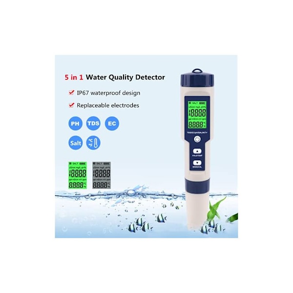 Vandkvalitetstester, bærbar 5 i 1 funktion kvalitetstest af digital vand pH/saltholdighed/temp/tds/ec meter til have hjemmelaboratorium