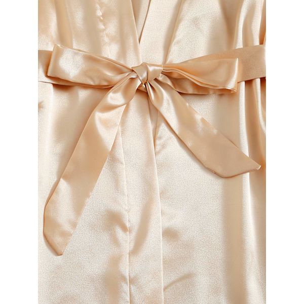 4-delt dame satin pyjamasæt med blondekant, camisole, lingeri og morgenkåbe i guld M