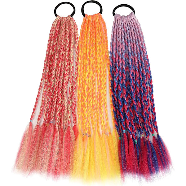 Färgglada flätor för barn - Hårförlängningar med färgglada accessoarer och elastiskt gummiband för barn och kvinnor - 3 stycken