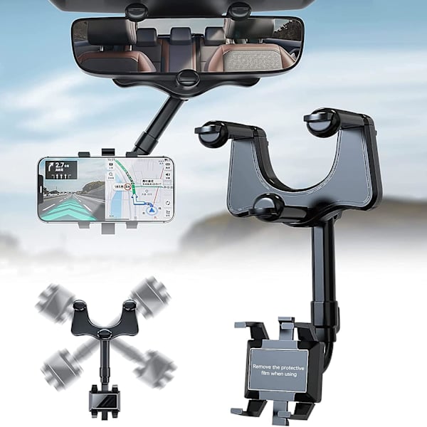 Biltelefonholder til bakspejl, 360 multifunktionel justerbar universel telefonholder, til mobiltelefon GPS-navigation roterbar og sammenklappelig