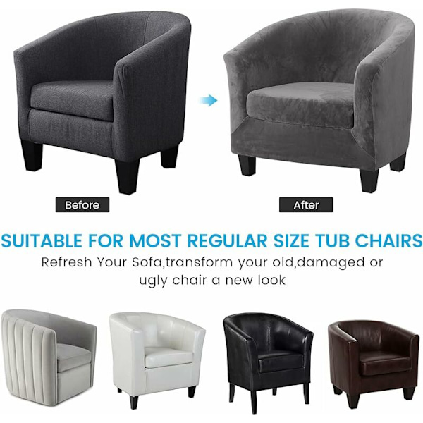 Velvet Club Armchair Betræk Todelt Sæt Stræk Armchair Betræk Stue Armchair Betræk Tub Stol Tub Stol med Pudebetræk (Grå)