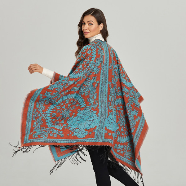 Frynser kant kashmir sjal wrap vinter varm etnisk stil kappe dame åpen front kappe