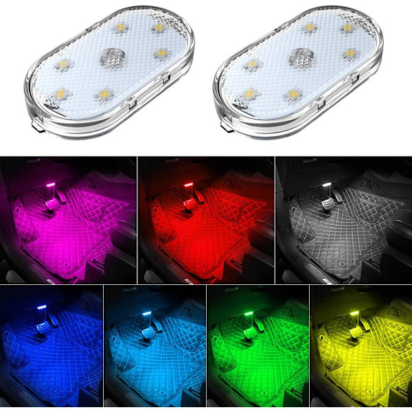 2 kpl auton LED-sisävalot, 7 väriä tunnelmavalaistus auton sisätiloihin, USB-ladattava auton sisätilan lukuvalo, kannettavat LED-valot autoon