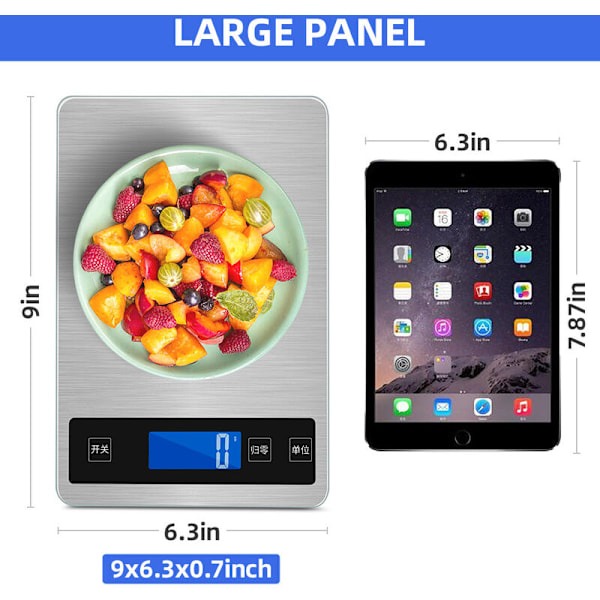 Elektronisk køkkenvægt, digital madvægt i rustfrit stål 1G, kapacitet 15 kg/33 lb, stor 23 x 16 cm platform, baggrundsbelyst LCD-skærm, hærdet