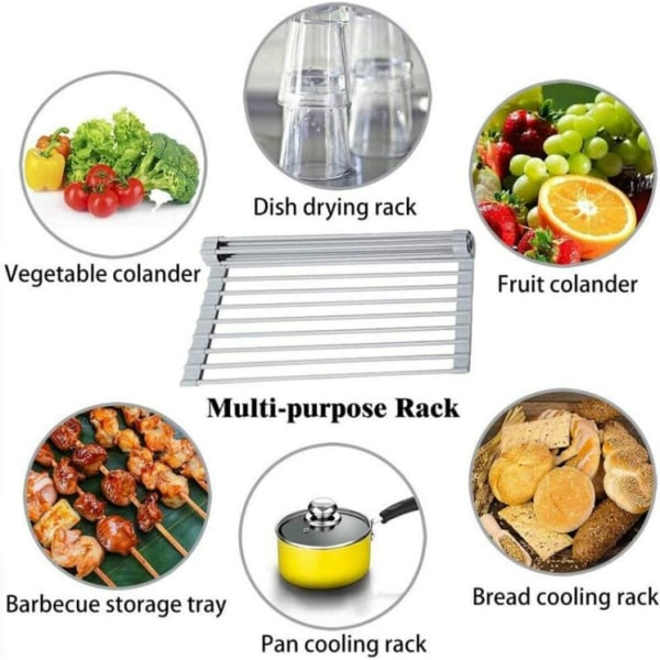 Rullbar oppvaskstativ, BPA-fri sammenleggbar oppvaskstativ for vask, ideell for frukt, grønnsaker, tallerken, silikonbelagt rustfritt stål 37*36cm, grå