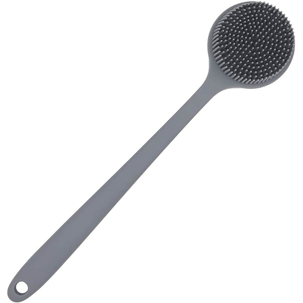 Silikonryggskrubb för duschbad, kroppsborste med långt handtag, BPA-fri, allergivänlig, miljövänlig (grå)
