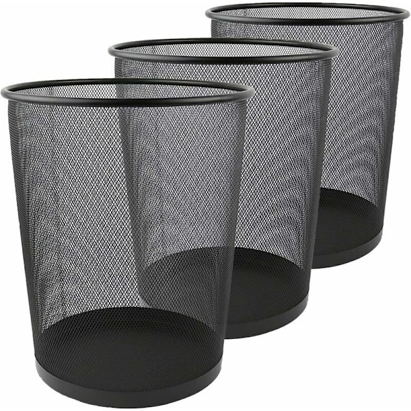 Set med 3 papperskorgar, 12L metallnät papperskorg för kontor, liten papperskorg för kök, sovrum, badrum, kontor - 26,5 x 23,5 x 18,8 CM - Svart