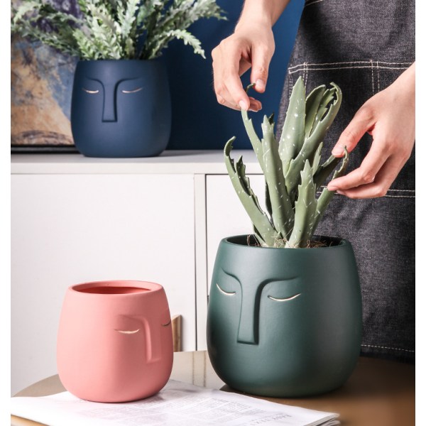 Abstrakt Blomkruka Enkel Konst Möbler Grön Växt Blomkruka Lämplig för Vardagsrum Entré (Mörkblå, 12 * 12 * 12,5 Hål)