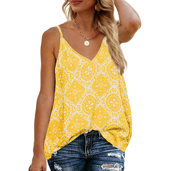 Kvinnors Boho Blommig V-hals Spaghetti Remmar Tank Top Sommar Ärmlös Skjortor Blus (L Gul)