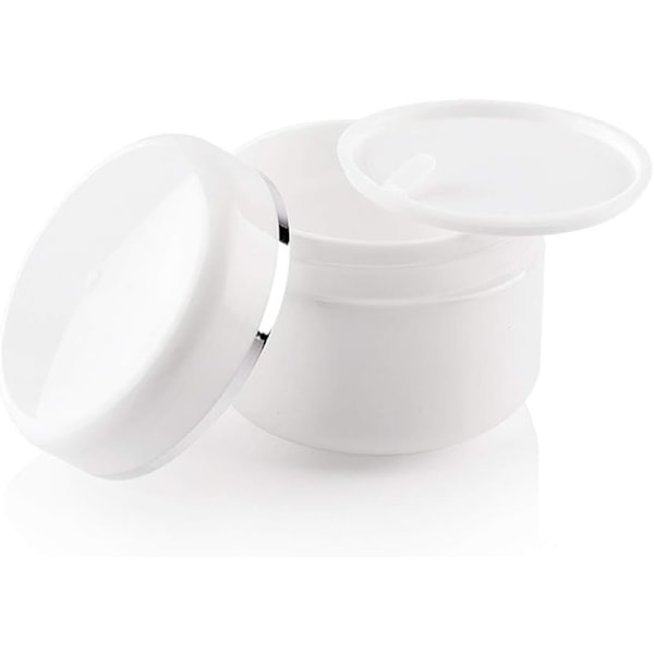 Pakke med 6 tomme hvide runde plastikkrukkeflasker med 100 ml med foringer og skruelåg Genopfyldelige kosmetiske krukker