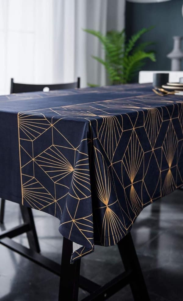Blå Rektangulær Fløjlsdug, Guld Grafisk Print Polyester Dug Restaurant Dug, Juledug, 140x200cm