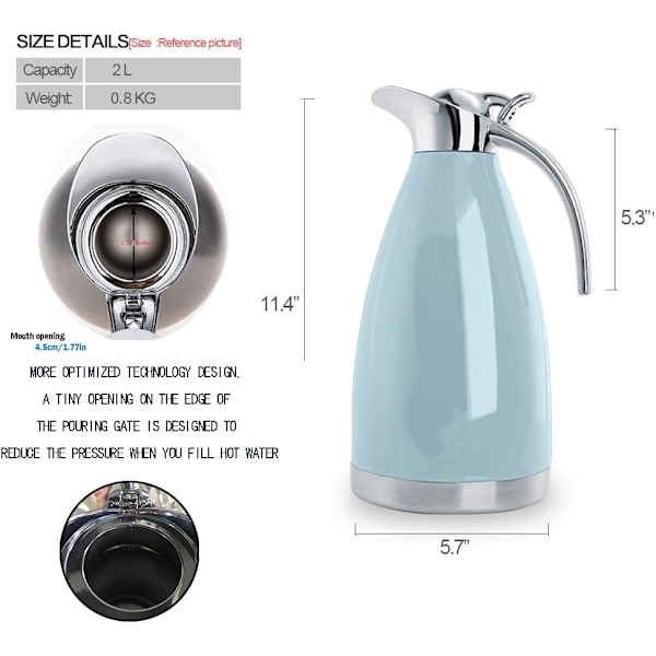 Rostfritt stål kaffetermos / Dubbelväggig vakuumtermos isolerad / 12 timmars värmehållning / 2 liter (Blå)