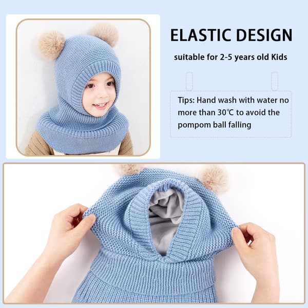 Barn Vinter Varma Mössa Halsduk, Varm Stickad Luva Mössa, Öronmuffar, Dubbel Pom Pom Design, Mössa, Fleece Foder, För Småbarn Flickor Pojkar (Blå)