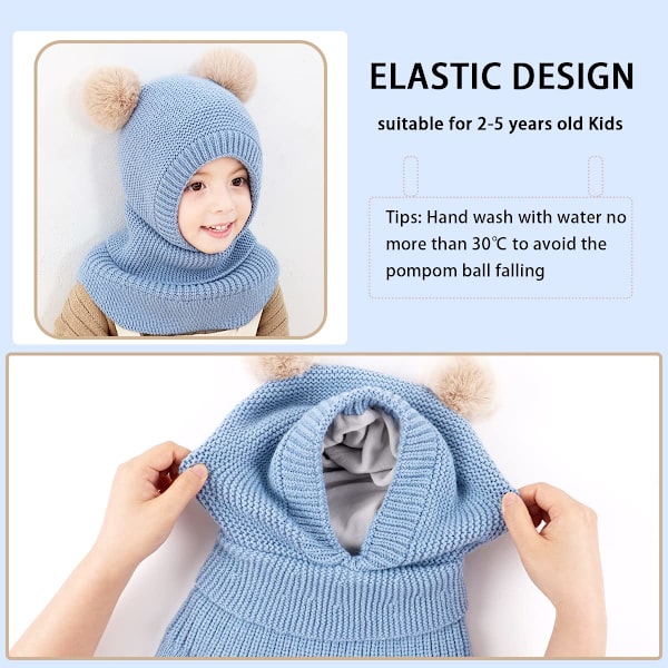 Børne Vinter Varm Hue Halstørklæde, Varm Strikket Hætte Hue, Ørevarmere, Dobbelt Pom Pom Design, Hue Hat, Fleece For, Til Småbørn Piger Drenge (Blå)