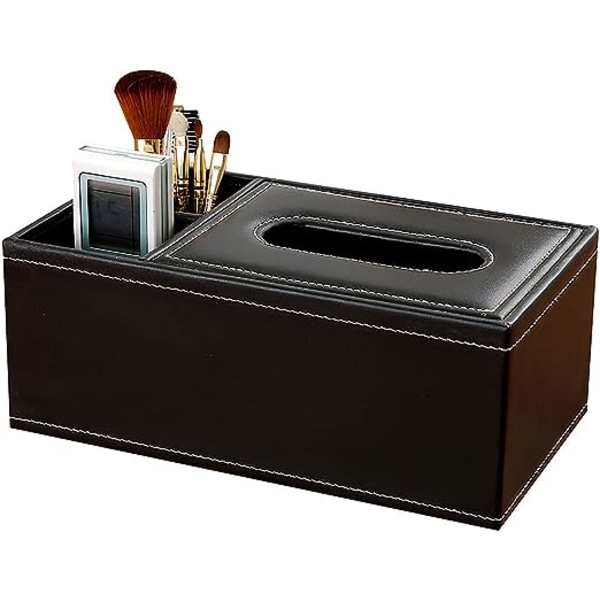 (Black Leather) Three Compartment Keychain Tissue Storage Box, Multi-Purpose Tissue Box