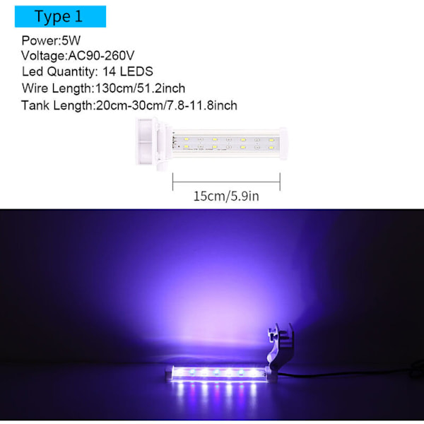 Nedsænkbar akvarielys på 8 tommer, akvarielys i blåt og hvidt LED-lys, tang Akvarielys akvarielys