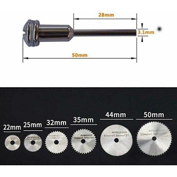 7 kpl HSS-sahanteriä pyörivään työkaluun, pyöreitä puunleikkauslevyjä Dremel-pyörivään työkalun karaiseen jatkovarrella 1/8 & quot (3,175 mm)
