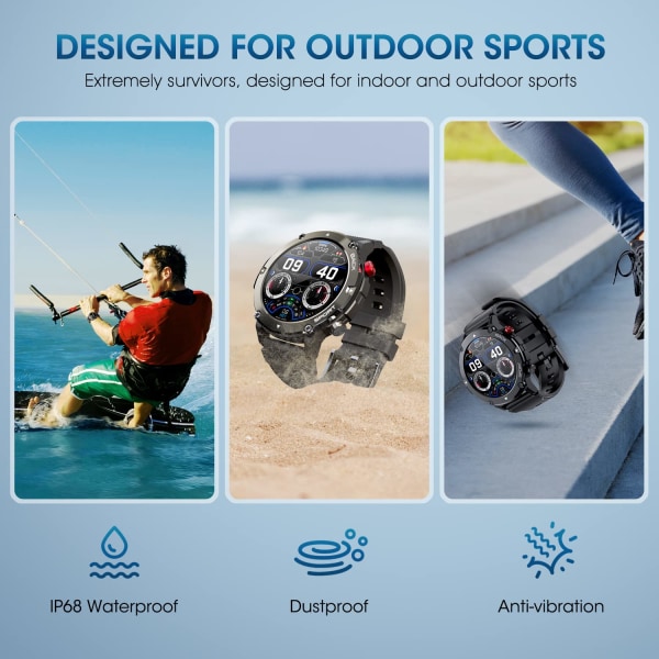 Smart Watch (Besvar/Foretag Opkald) IP68 Vandtæt 1,32 Tommer Militær Taktisk Fitness Watch Tracker til Android iOS Udendørs Sports Smart Watch (Sort