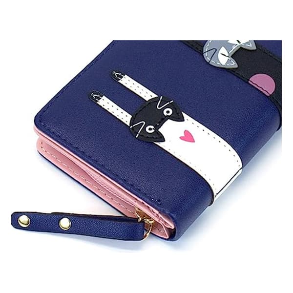 (Mørkeblå) Mini Kunstlæder-Lang Bifold-Sød 3 Katte-Zip Clutch-Håndtaske-Kvinde-Gave