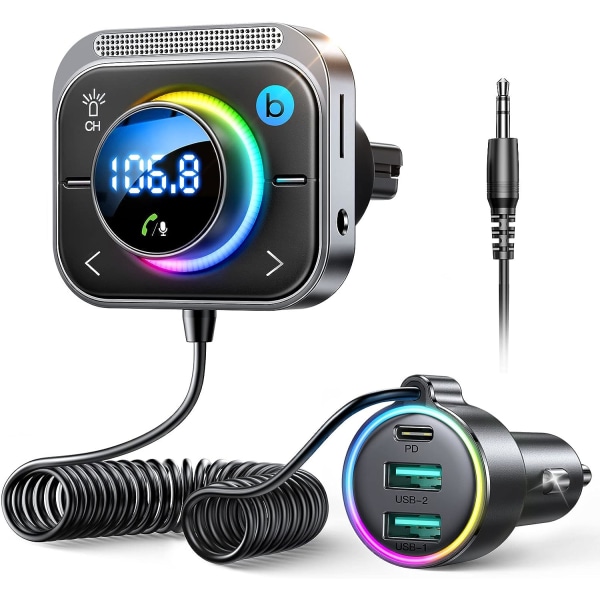 Bluetooth 5.3 FM-sender, Bleuthoot-bilradioadapter [Deep Bass Hi-Fi-stereo], 30W PD Dual 18W QC 3.0, håndfri, overdimensioneret mikrofon, understøtter Aux