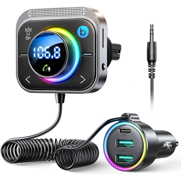 Bluetooth 5.3 FM-sender, Bleuthoot-bilradioadapter [Deep Bass Hi-Fi Stereo], 30W PD Dual 18W QC 3.0, håndfri, Oversized Mic, Støtte Aux