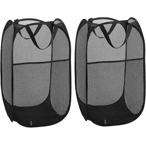 Vikbar svart tvättkorg, 2-pack, tvättkorg i pop-up mesh, soppåse, leksakskorg, snygg förvaringslåda