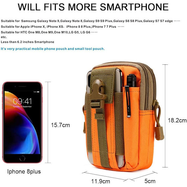 Taktisk bältesväska, nylonbältesväska - Orange - Multifunktionell Molle EDC-gadgetväska för telefon, utomhus, vandring, bergsklättring och cykling