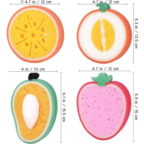 4-delt frugtformet badesvamp, multifunktionel, sød frugtmønster, svamp i forskellige farver, børnebadesvamp, skumbørnebadesvamp, svamp til krop, hjem