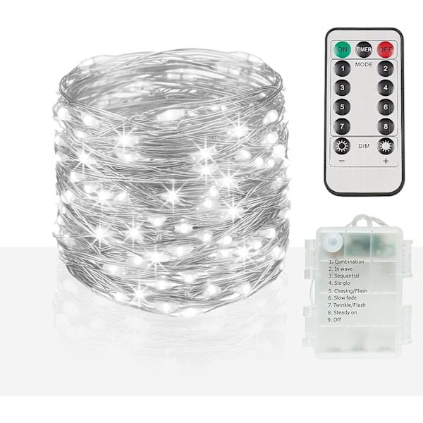 66ft 200 LED utomhus ljusslinga, vita ljusslingor batteridriven med fjärrkontroll, LED-ljusslingor för sovrum, krans, uteplats, gobeläng, Backya
