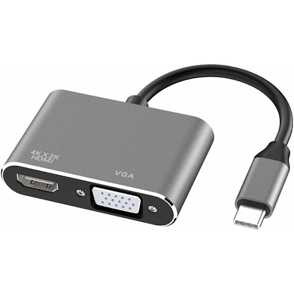USB C till HDMI VGA adapter, 2 i 1 typ C till HDMI 4K, VGA 1080P kompatibel med MacBook Pro/Air 2020 2019, iPad Pro, Surface, grå