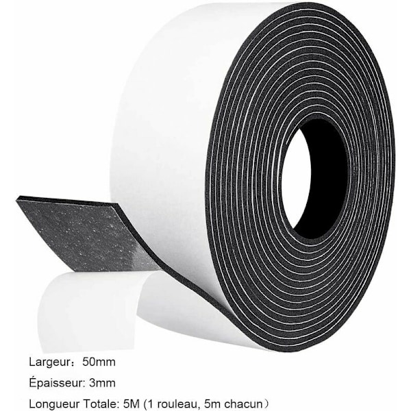 Selvklebende tetningslist i lydisolerende bånd for vindu dusj garasje 50mm x 3mm x 5 m anti-kaldt anti-sjokk gummilist skapbeskyttelse - svart skum whi