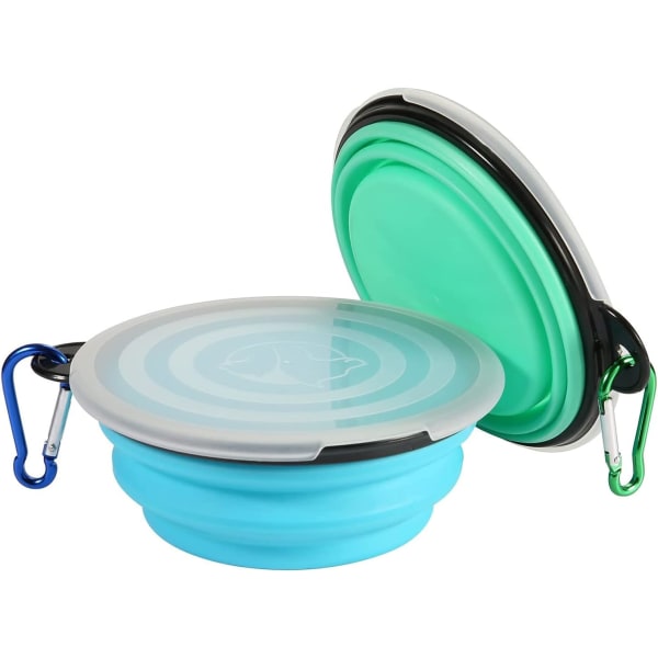Hopfällbar hundskål 2-pack husdjursresebålar med lock och karbinhakar husdjursmatningsvattenskål bärbar husdjursmatare för promenader resor hemmaanvändning (ljus