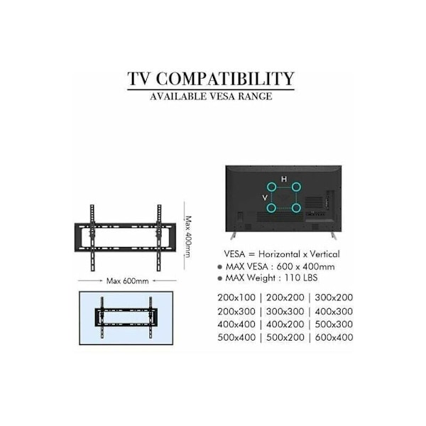 TV-väggfäste för 32-70 tum (81,3-177,8 cm) LED LCD Plasma och böjda skärmar, Maxkapacitet 50 kg, Svart