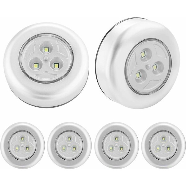 Set med 6 självhäftande LED-lampor drivna av 3 batterier för skåp/garderob/hylla/entré/kök/gång