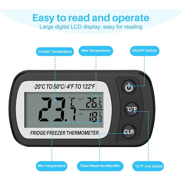 Digital kylskåpstermometer för kyl och frys -20 till 50 °C med krok, lättläst LCD-skärm, Max Min inspelningsfunktion (bl
